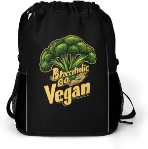 Broccoholic Go Vegan Drawstring Backpack String Bag Sports Gym Sackpack with Side Pocket Shoes Compartment