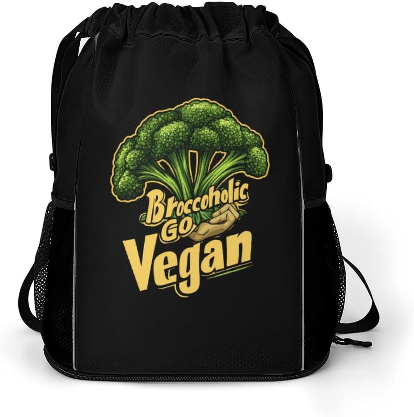 Broccoholic Go Vegan Drawstring Backpack String Bag Sports Gym Sackpack with Side Pocket Shoes Compartment