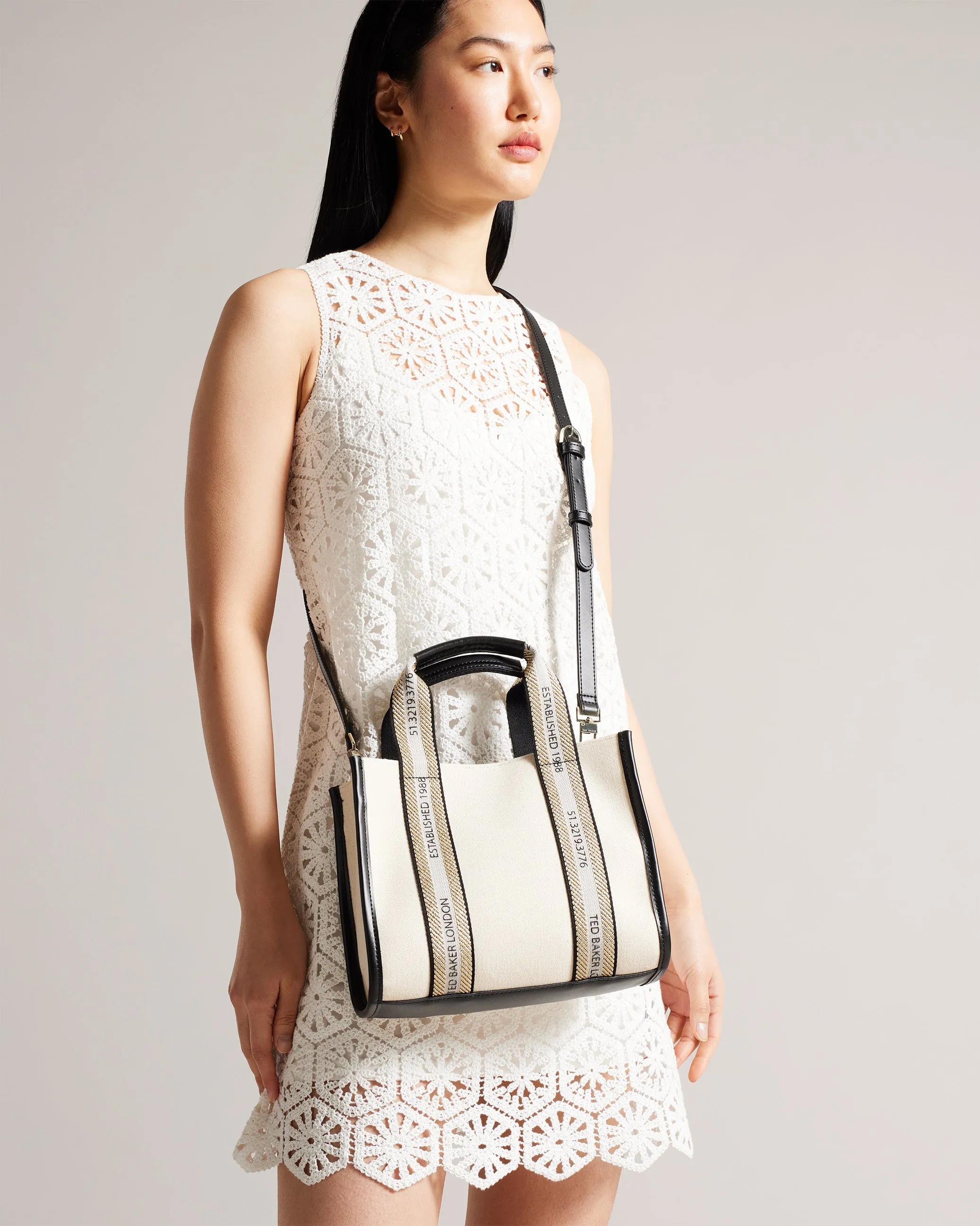 Georjea Branded Webbing Canvas Small Tote Ecru